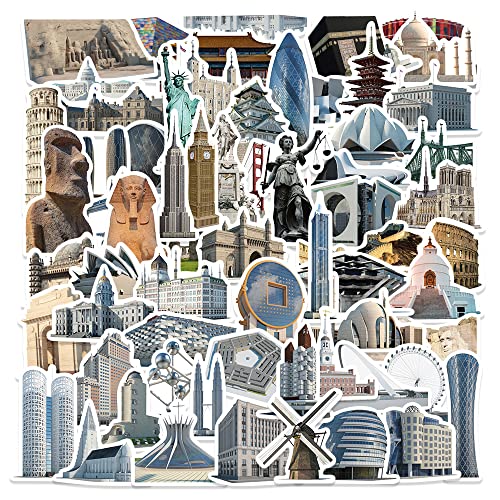 World Architecture Stickers Vintage Travel Stickers Pack 65pcs-Suitable for Laptop Travel Case Notebook Phone Car Scrapbook Water Bottle Bike Computer Decals,Kids/Teen/Adults Gift Stickers