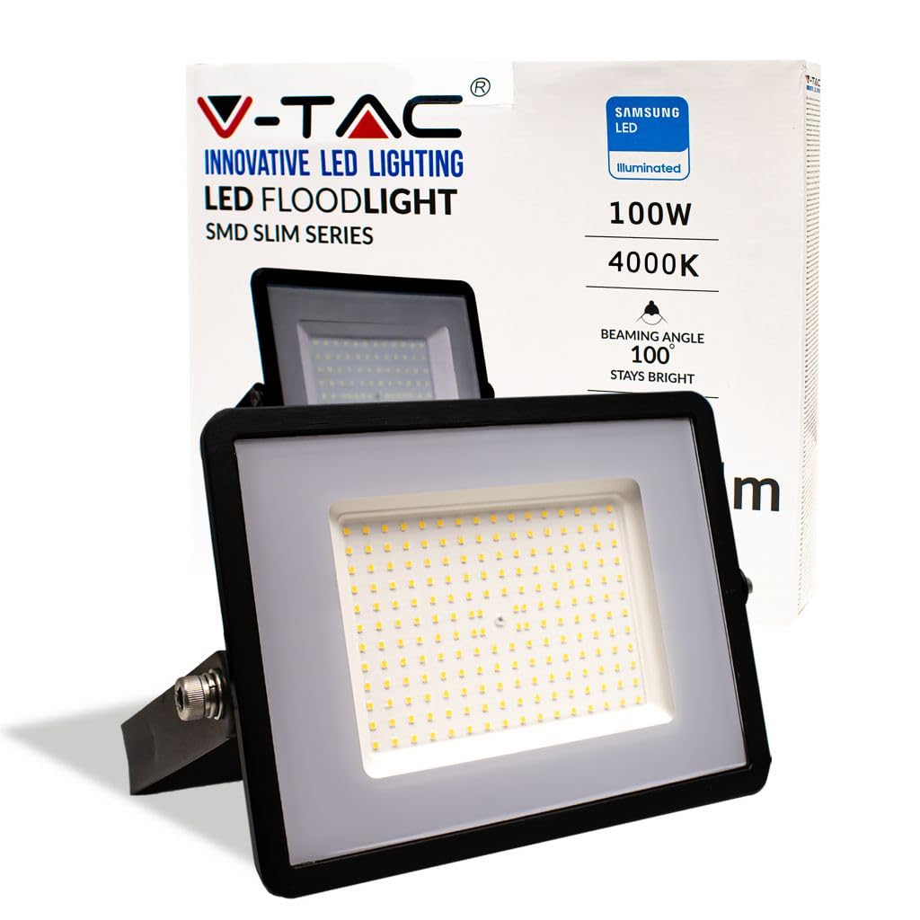 V-TAC Faro LED da Esterno 100W con Chip Samsung - [Ultima Generazione] - IP65-8200 Lumen - Proiettore LED Esterno Nero per Casa, Giardino, Garage - Impermeabile - Fari - Luce Bianca Naturale