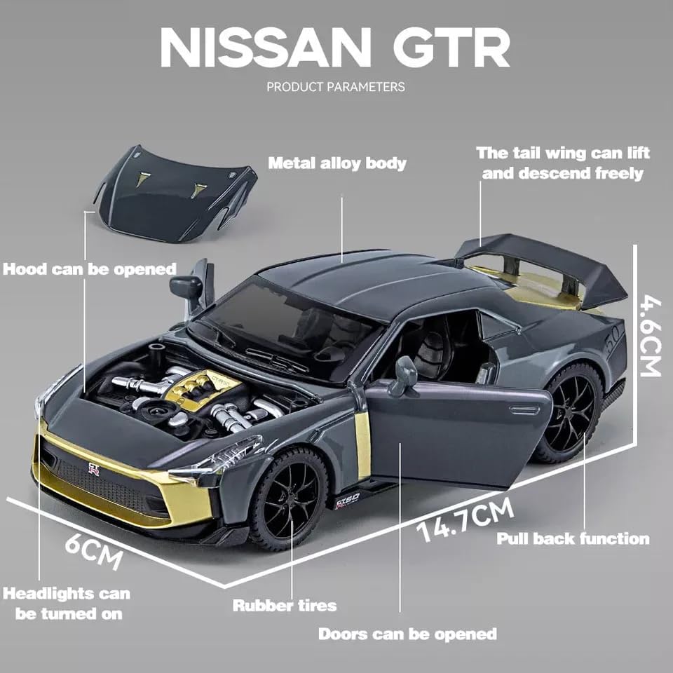 Image of WORSHIPER Compatible for 1:32 Nissan GTR R50 Toy Car Model, Diecast Collectible Pull Back Model Car with Sound and Light, Toy Gift Vehicles for Adults Kids Boys Girls (1:32 Nissan GTR R50-Grey Color)