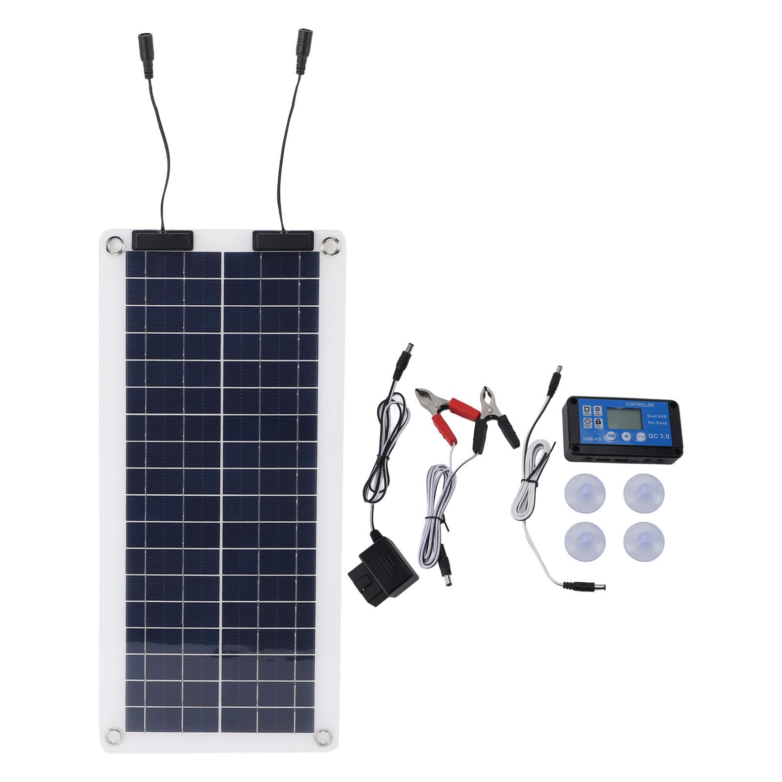 Fdit Kit de Régulateur de Panneau Solaire 30W, Chargeur MPPT OBD Double Sortie, étanche avec Pince de Batterie Rouge et Noire pour Camping-car, Bateau, Camping