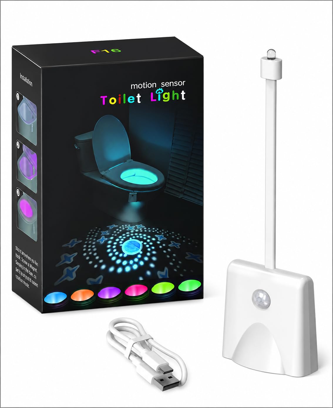 ProBytes Toilet Bowl 8 Colors LED Night Light Motion Activated Seat Sensor Lamp Bathroom (USB-C Toilet Light - 2 Pieces)