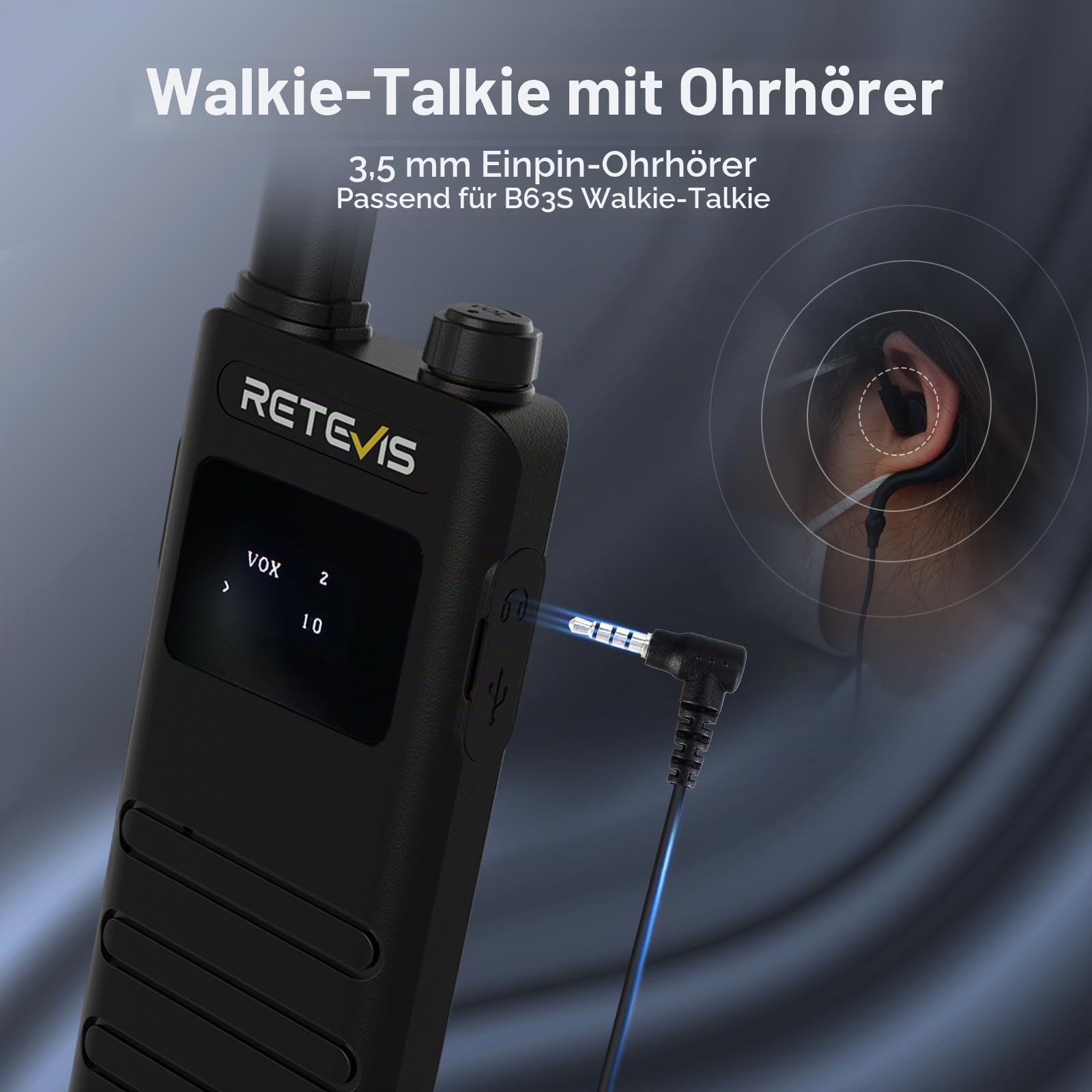 Retevis B63S Walkie Talkie PMR446 Dünne mit Ohrhörer LCD Bildschirm 4 Stück | RT622P (3.0), VOX, USB-C, 1620 mAh, Leicht Walkie Talkie 4er Set für Einzelhandel, Restaurant