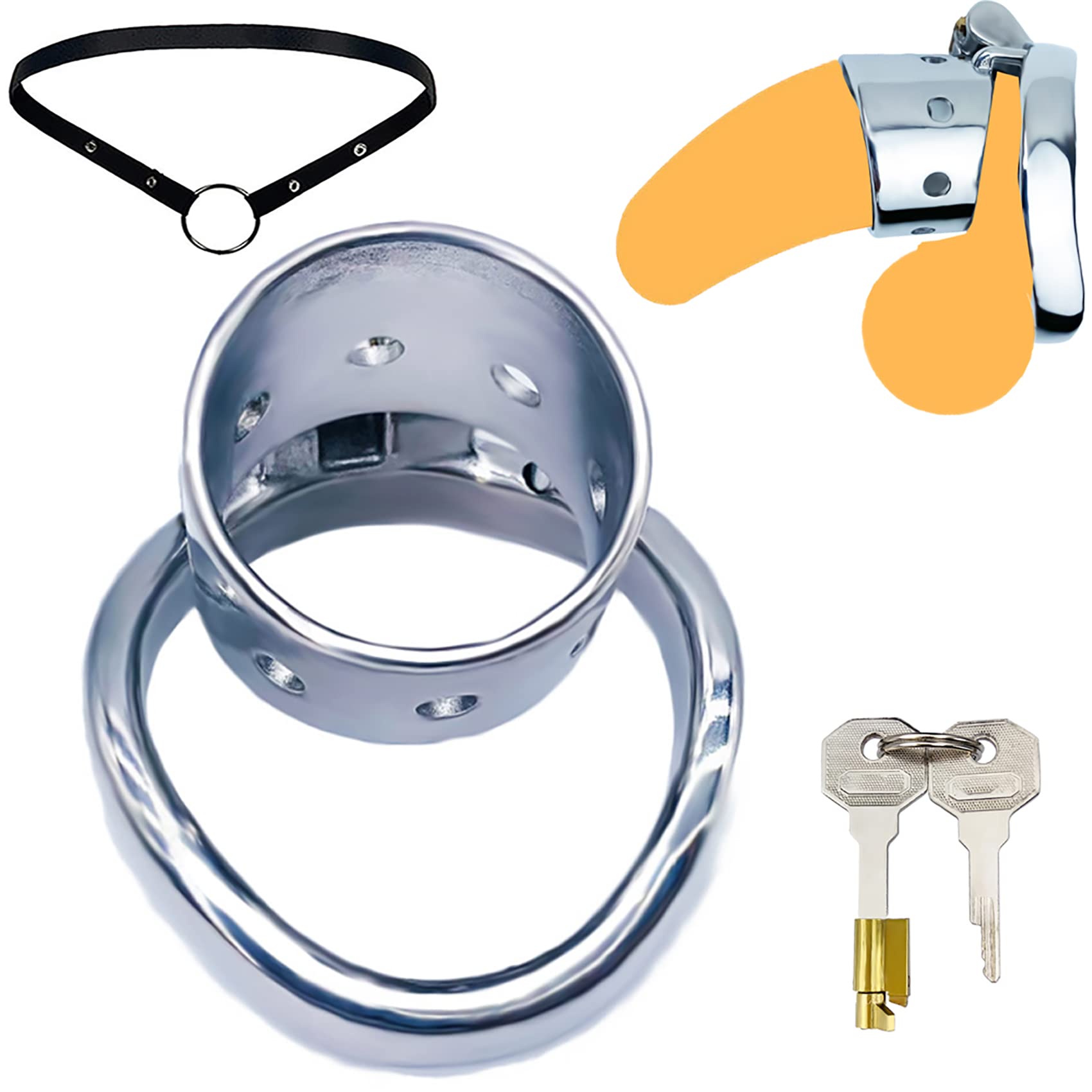 Edelstahl Extra Kleine Peniskäfig Doppelter Ring Keuschheitsgürtel Penis-Hodenteiler Atmungsaktiver Keuschheitskäfig Mit Gürtel SM Bondage Cock Cage Sexspielzeug Für Männer,Gebogen,55mm