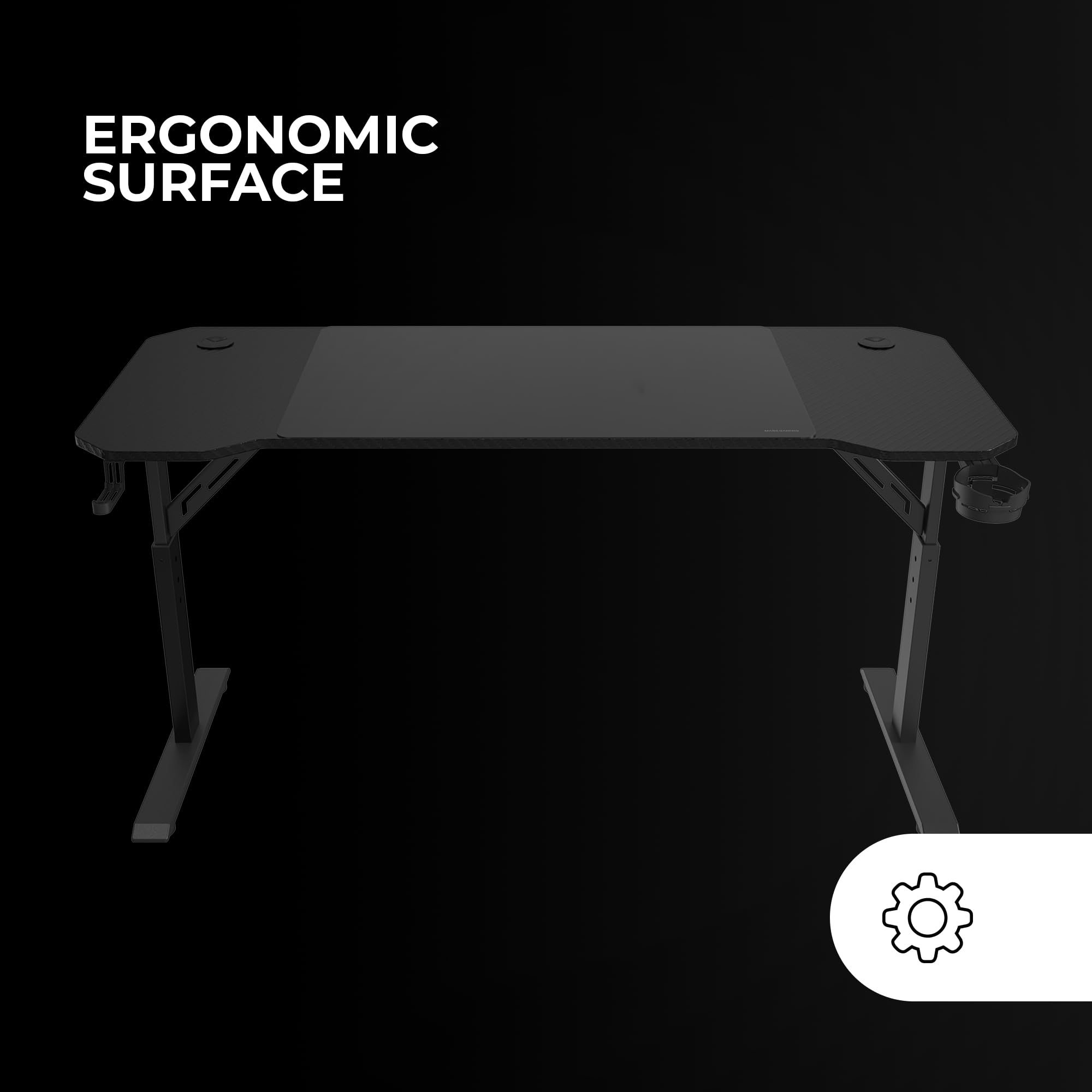 Mars Gaming MGD-ERGO140, Mesa Altura Ajustable 3 Posiciones, Superficie Ergonómica, Estructura Metálica, Alfombrilla XXL, Soporte Auriculares + Bebida, Gestión Cableado, Mesa Gaming 140x60cm, Negro