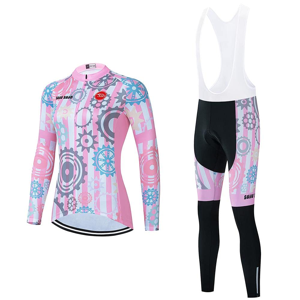 Women's Cycling Jersey Set Bike Shirt Long Sleeve Cycling Clothing Bicycle Bib Pants with 20D Gel Padded