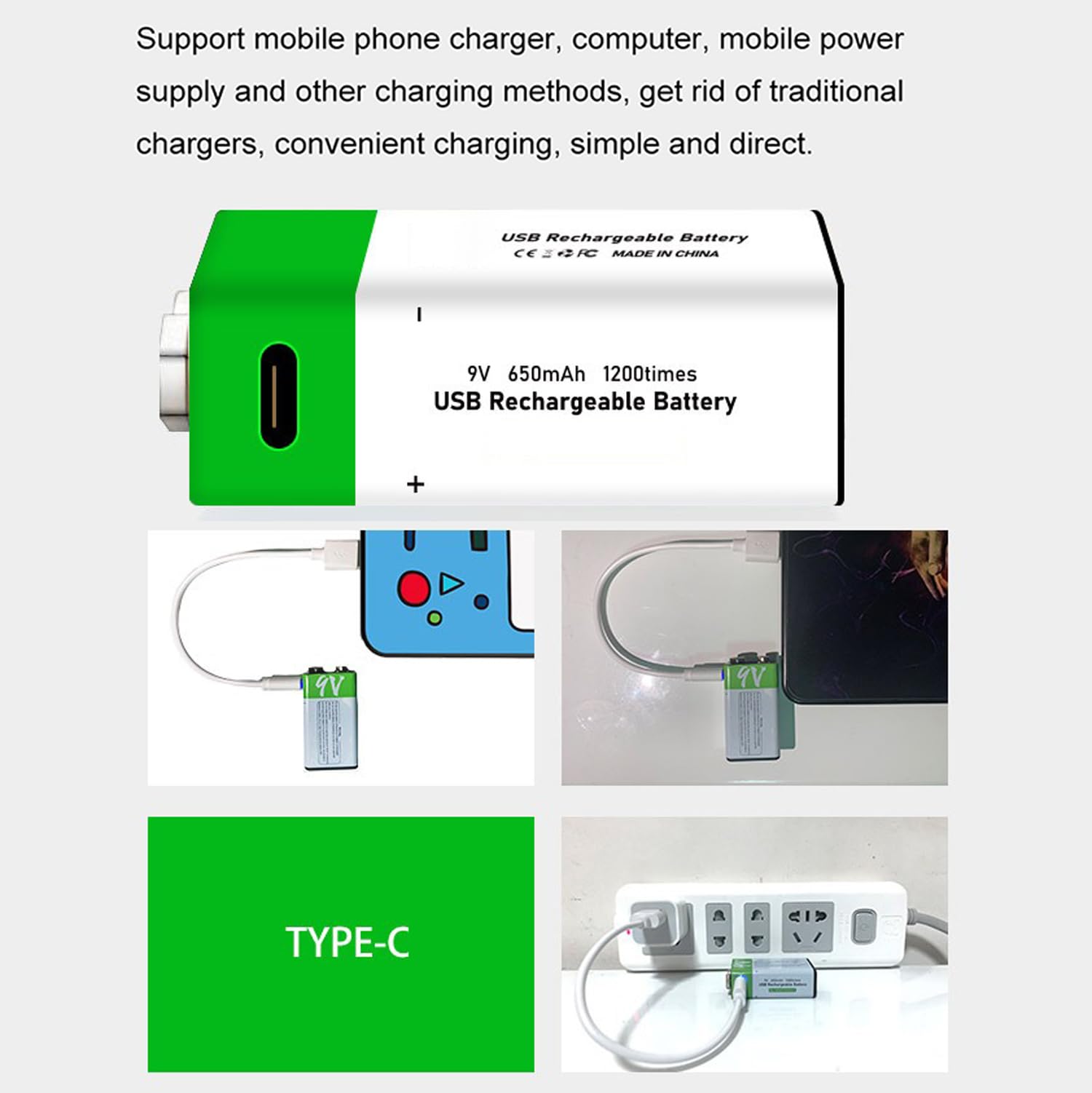Batería de Litio Batería Recargable de 9 V Batería de Iones de Litio de 650 mAh Batería de 9 V de Alta Capacidad con Cable de Carga USB