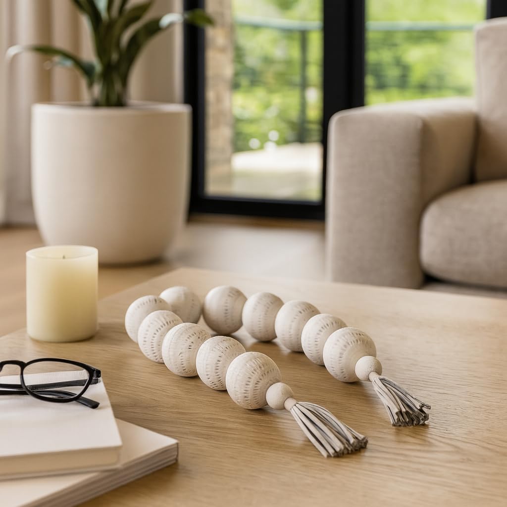 Decorative Beads Garland with Tassels Handcrafted Detail Ecomix & Leather Capri Style Home Decor Accent for Living Room or Office - 3" White