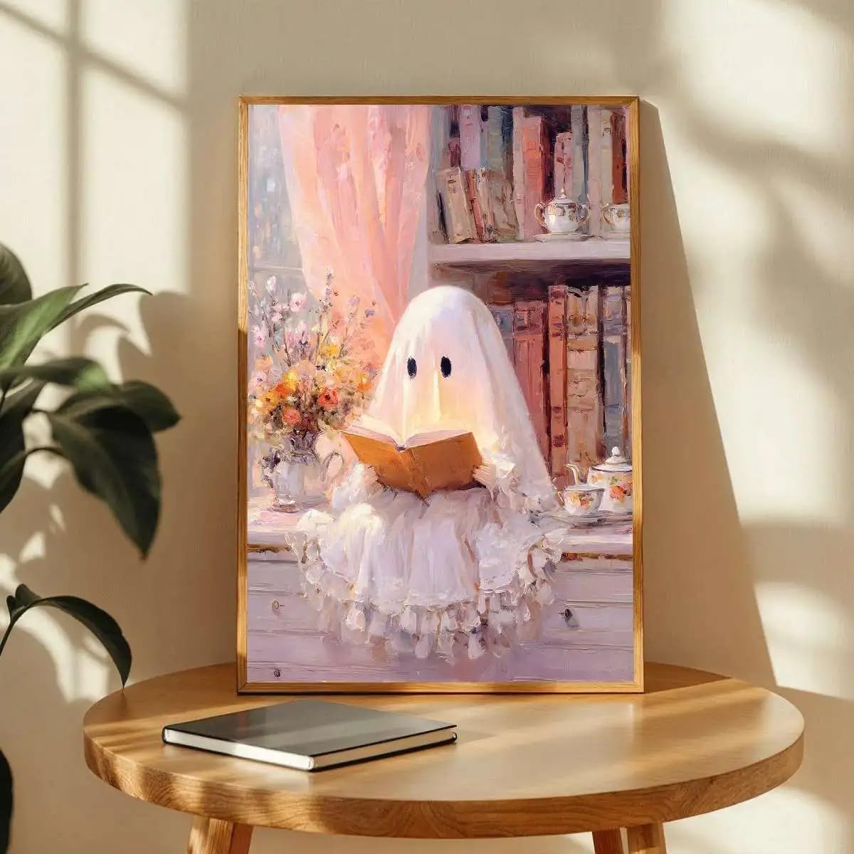 LZJAGXX Póster de Halloween con un lindo fantasma rosa leyendo un libro - Divertido lienzo impreso para la decoración de la sala de estar (60x80cm/marco interior)