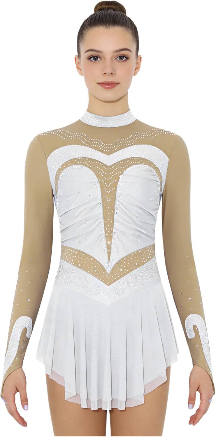 Women's Sparkly Rhinestone Lyrical Dance Costume Figure Skating Dress Long Sleeve Ballet Dancewear