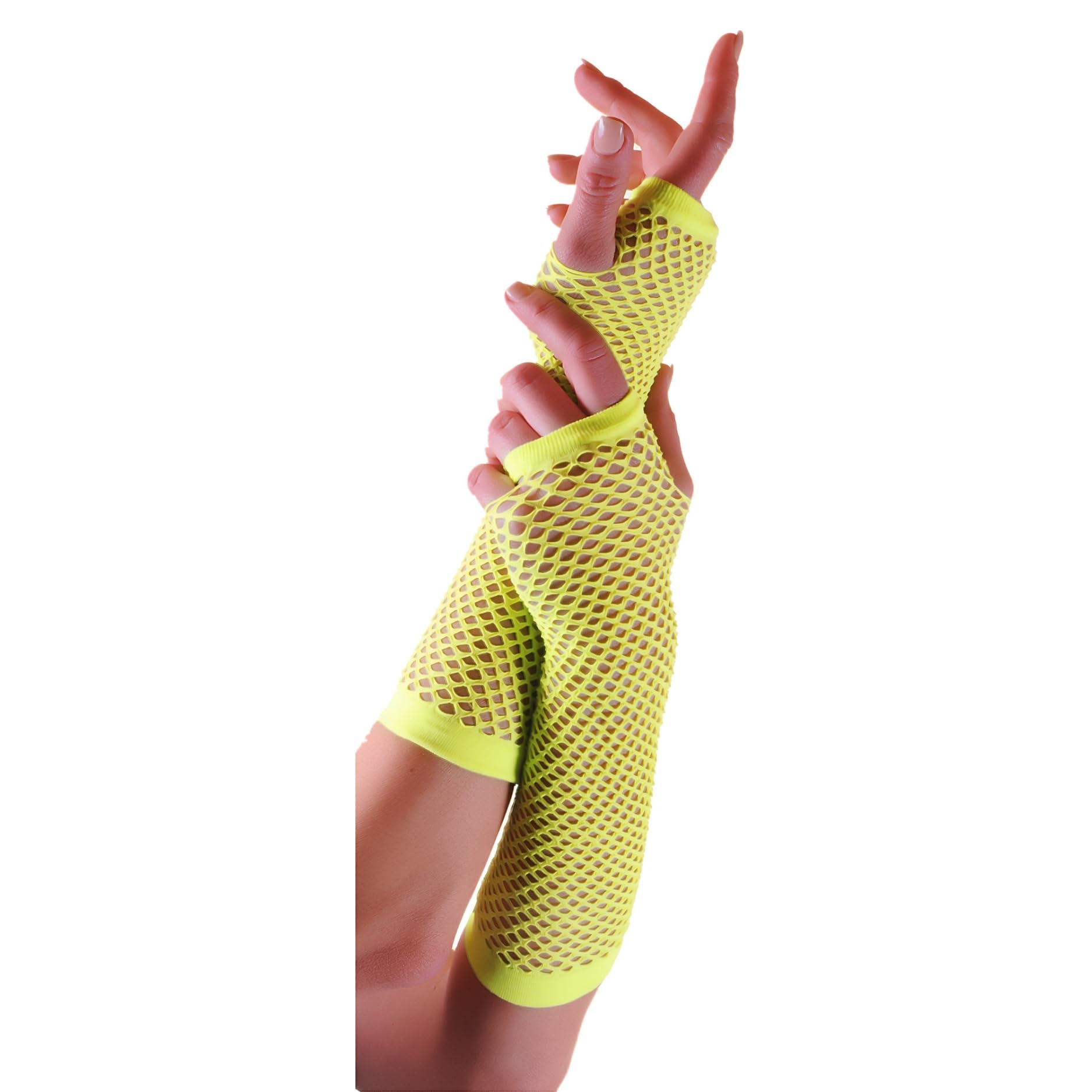 Fna Fashions Women's Yellow Fishnet Long & Short Finger Less Gloves Fancy Dress Party Accessory (, Long Fishnet Gloves)