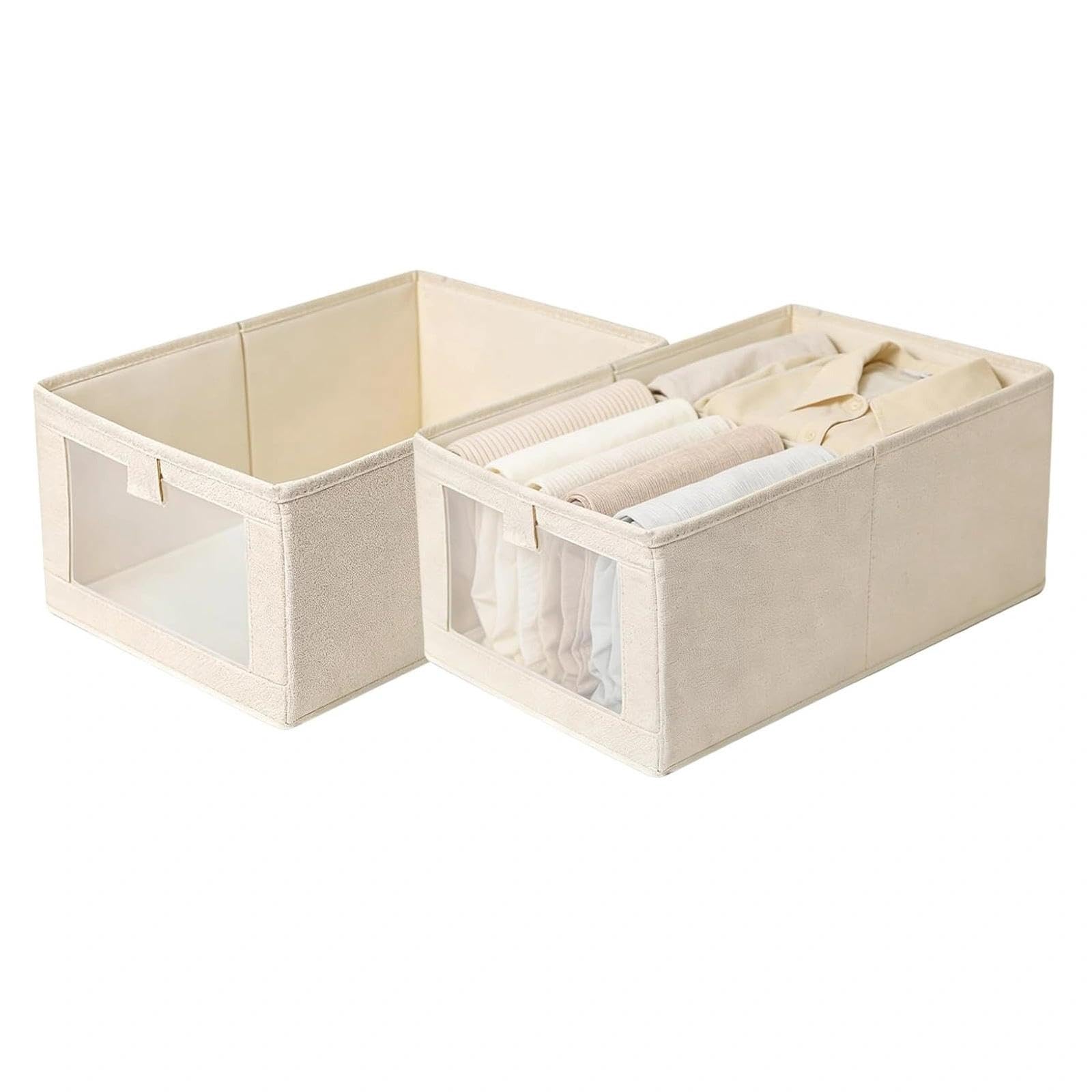 YSHODGU Wardrobe Storage Organiser Foldable, 2Pcs Drawer Organiser Clothes Fabric Storage Boxes Bin with Clear Window Shelf Stackable Clothing Storage Boxes for Underwear Jeans Pants Shirts