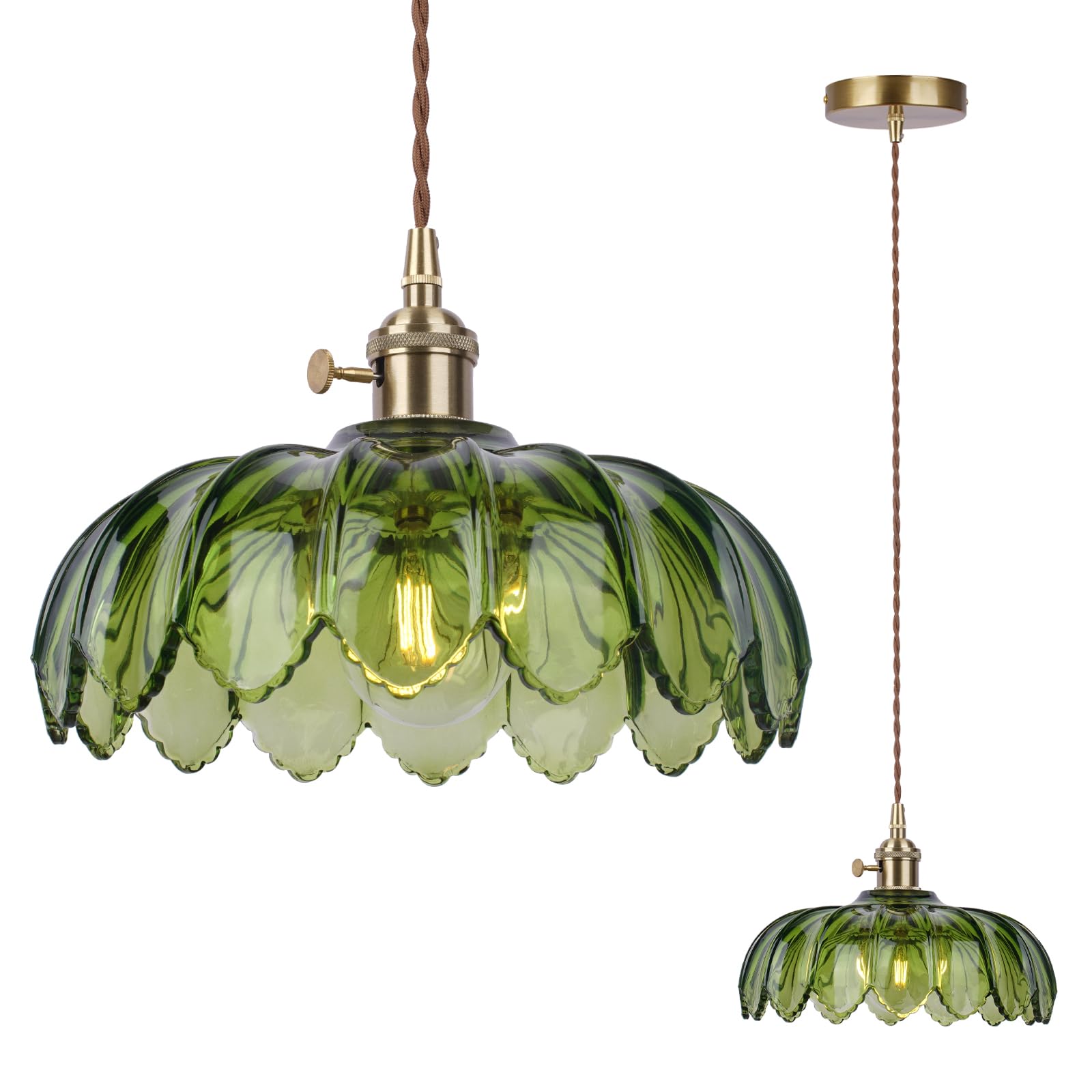 CLARSYNE Vintage Green Glass Pendant Light Fixture with Switch, Gold Hanging Lamp for Kitchen Island, Dining Room, Bedroom, Farmhouse, Industrial,