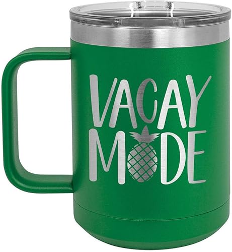 Taza de café VACAY MODE verde de 15 onzas con tapa deslizante | Taza de café de viaje aislada | Ideas de regalo de cumpleaños o Navidad de mujeres o