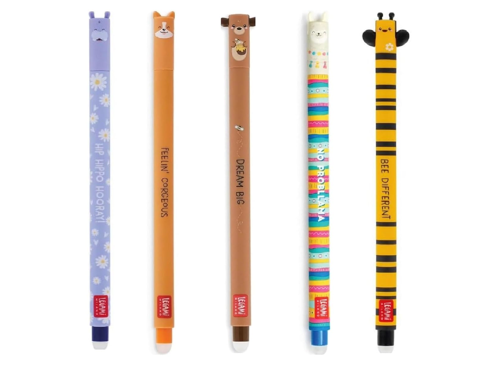 tinta unita Legami - Juego de 5 bolígrafos de gel Hippo-Corgi-Bear-Lama-Ape