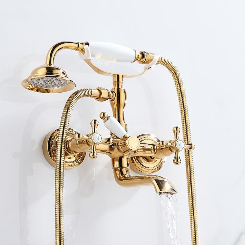 Retro mosiężny naścienny kran wannowy z prysznicem ręcznym tradycyjny podwójny uchwyt bateria wannowa 150 cm wąż eleganckie złote wykończenie idealny do łazienki