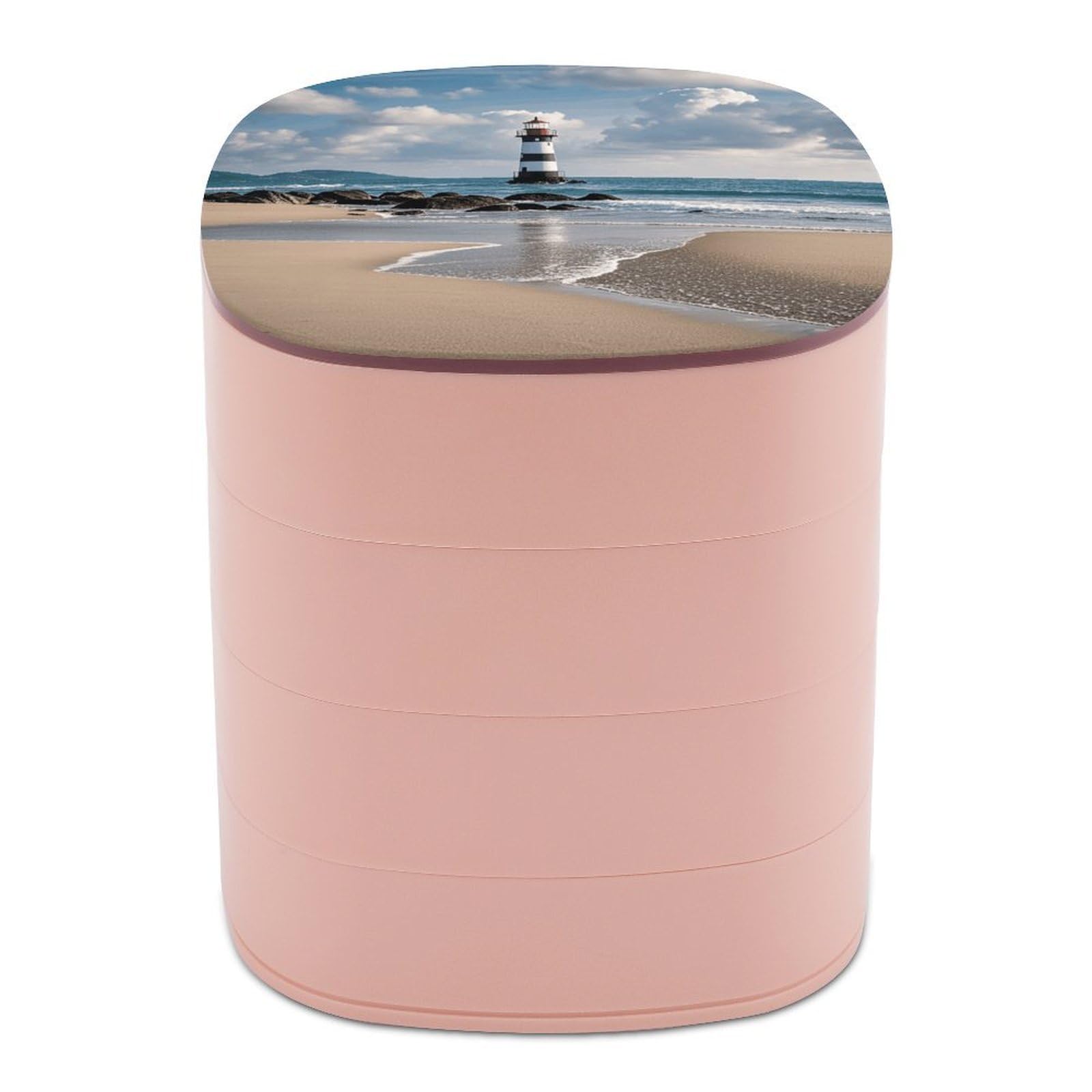 VstaDank Sea Lighthouse Sandbeach Jewelry Case Women Portable Travel Jewelry Box Rotating Jewelry Organizer with Mirror Multi-Layer Necklace Ring Earring Storage Box for Bracelets Rings