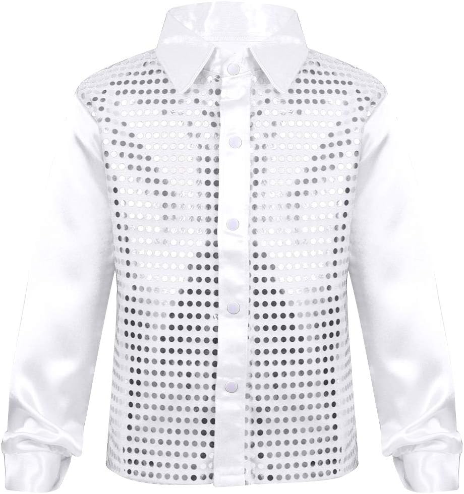 FEESHOW Kids Big Boys Shiny Sequined Shirt Vest Waistcoat Jacket for Wedding Prom Dance Performance Costume White 7-8