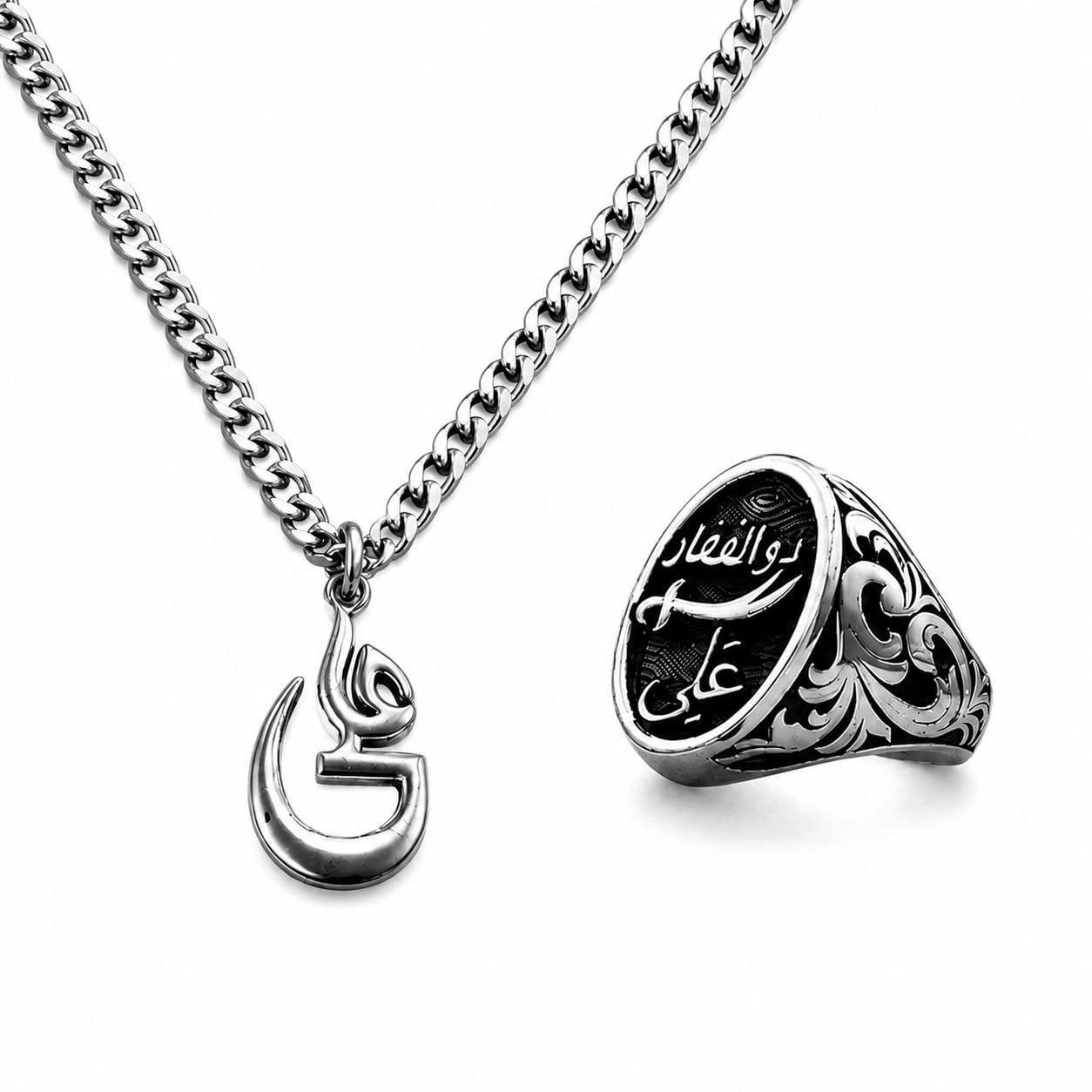 Stainless Steel Men's Ring (Zulfiqar Ali) Written Hz. Sword of Mola ALI Sher-e-KHUDA Zulfiqar Ring with ALI Locket & Ring for Boy and Men-image-33