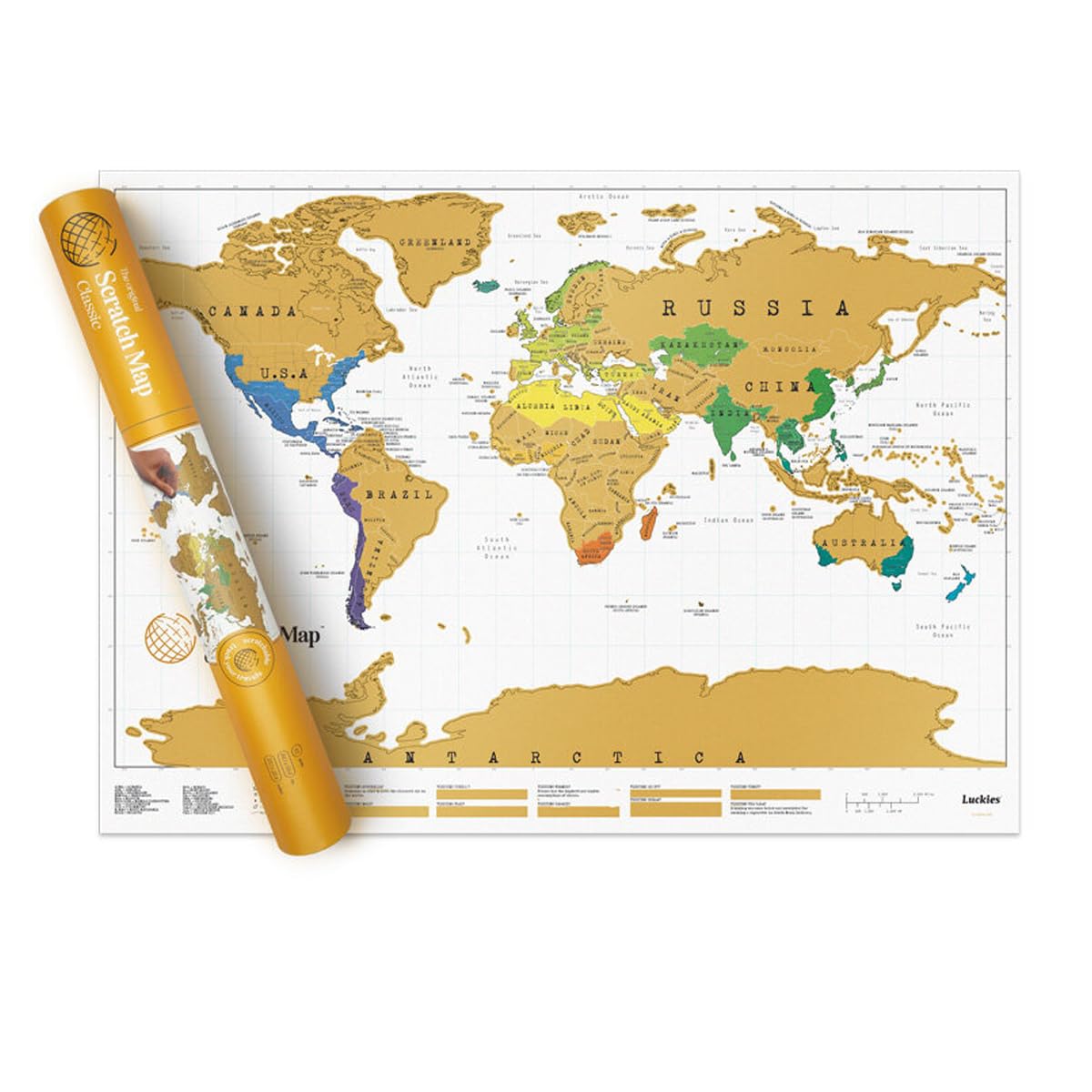 Luckies Scratch Map | Scratch Off World Map | World Travel Maps Frame | Countries Visited Maps | Scratchable Poster with Tube | Detailed Europe & US States Poster | Scratchable Wall Pin Board | Large