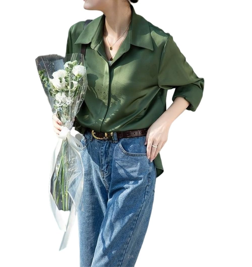 Bluse Damen Langarm,Damenbluse Aus Seidigem Satin, Langärmelige Hemden, Grünes, Einfarbiges Hemd Mit Revers Und Seitenschlitzen, Leichte Jacke, Elegantes, Lässiges Cardigan-Arbeitshemd