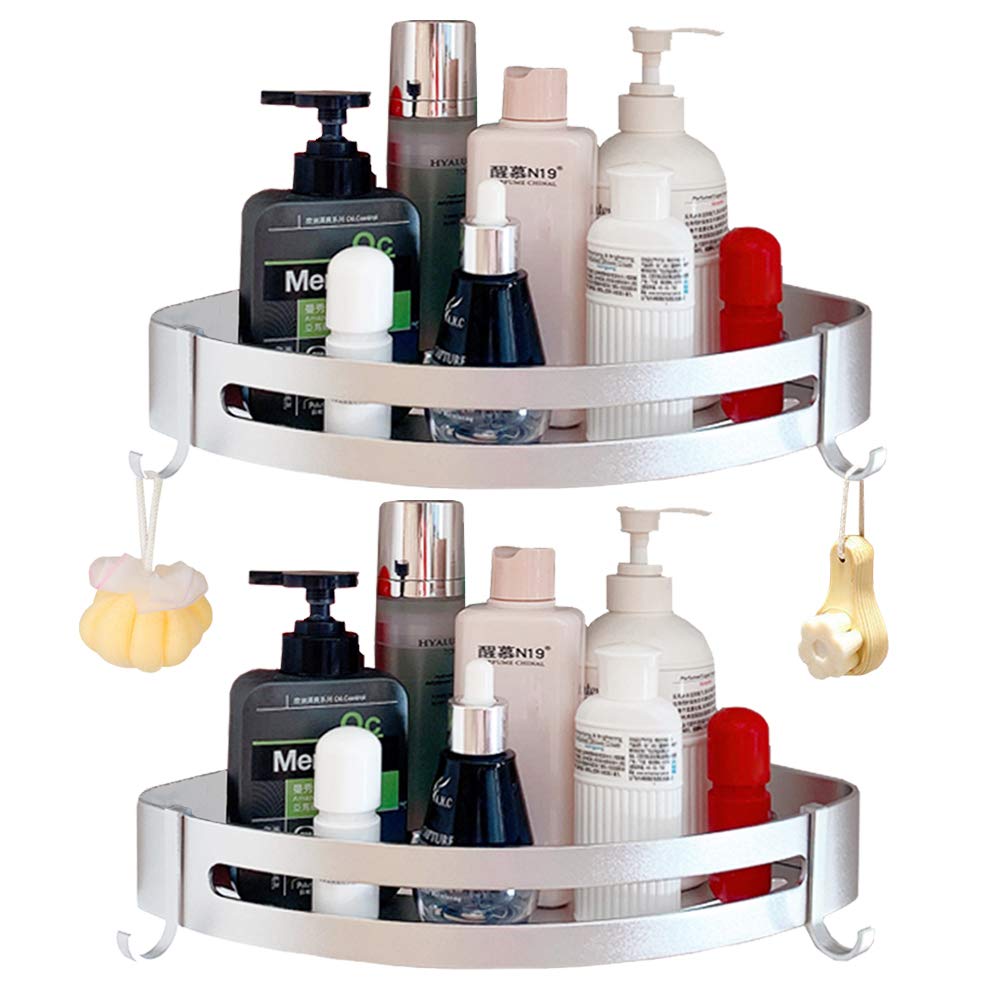 YeegoutNo Drill Bathroom Corner Shelves with Removable Hooks Sand Glossy Aluminum Adhesive Shower Caddy Storage(Silver Corner)