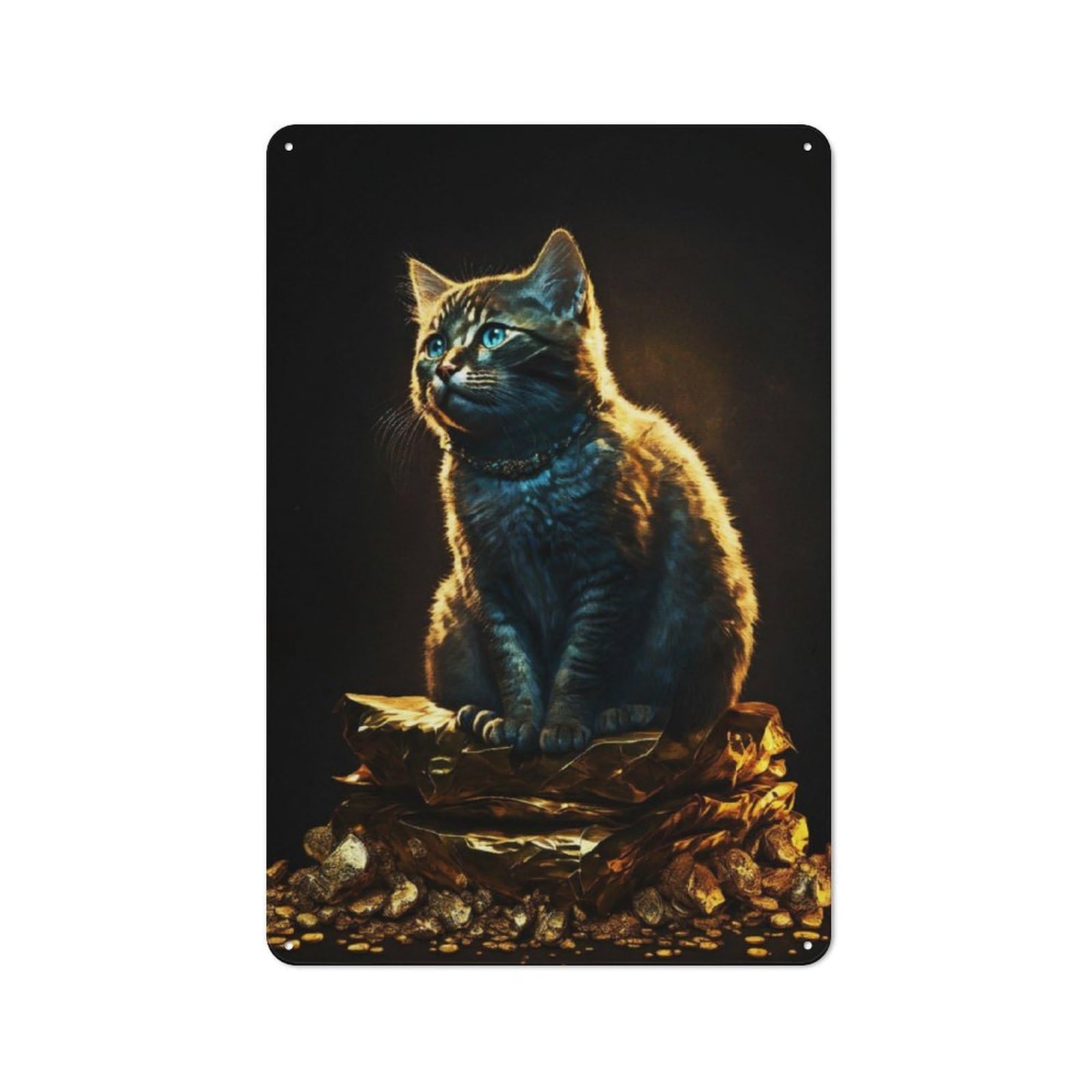 Junmoney Cat Sitting On Pile Gold Retro Metal Wall Sign 30X20cm With For Bar Or Restaurant, Gift Idea For A New Home And Metal Sign Collection