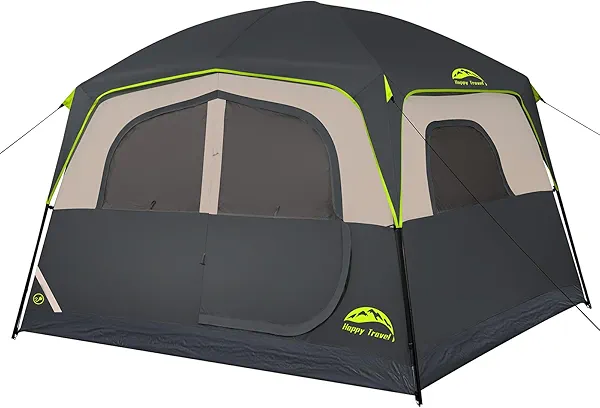 Happy Travel Tent 6 Person Tents for Camping, Waterproof Easy Setup Camping Tent with Rainfly, Portable Large Family Cabin Tent with 5 Large Mesh Windows and Carry Bag for Outdoor Camping & Hiking