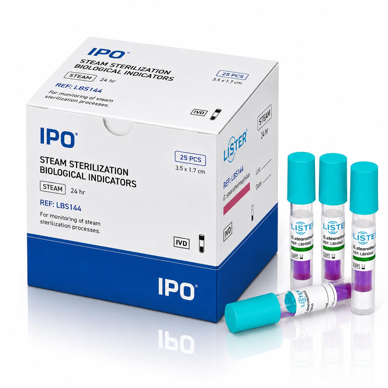 IPO IMPORT ODONTOLOGY - Indicador Biológico LBS144 para Esterilización por Vapor 25Pcs - Autoclave 121-135 °C - Geobacillus Stearothermophilus ATCC 7953 - Resultado en 24 h - Control ISO 11138.