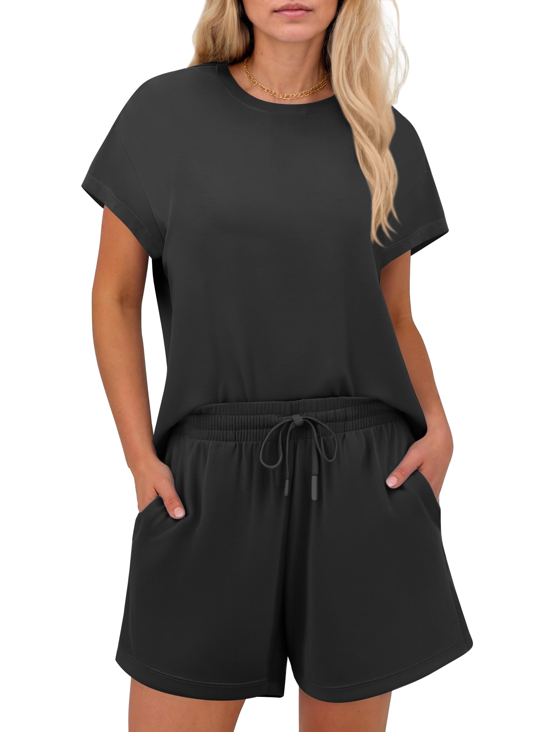 2 Piece Sets for Women Summer Crewneck Matching Shorts Lounge Set with Pockets Casual Travel Outfits 2025 Trendy