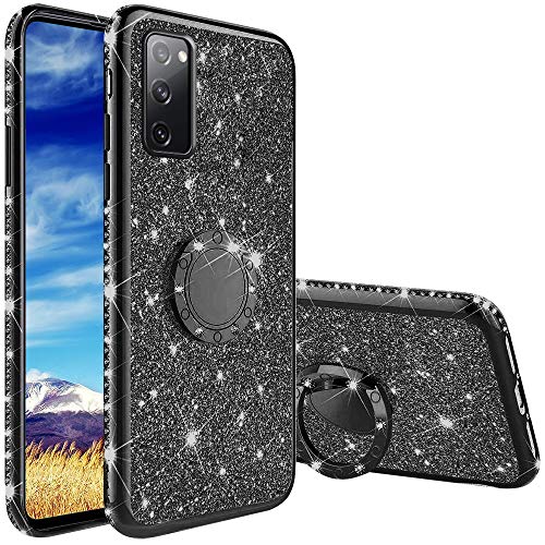 Funda para Samsung Galaxy S20 FE, Glitter Brillante Diamante con 360 Grado Anillo Kickstand Ultra Delgada Premium Fina Resistente Silicona TPU Doble Capa Anti Choques Protectora Carcasa - Negro