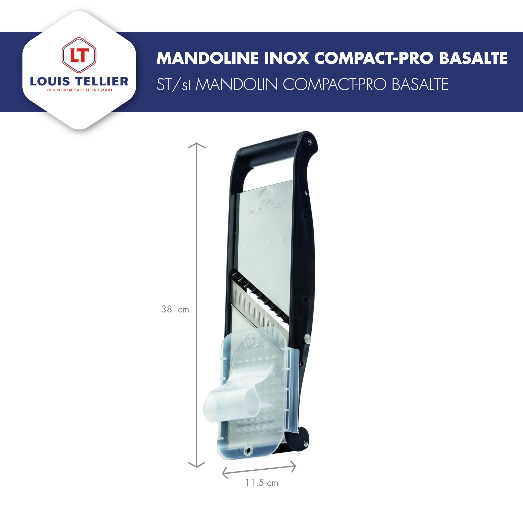 LOUIS TELLIER | Profi-Gemüsehobel aus Edelstahl Compact-Pro Basalt mit Ergonomischem Schieber | Obst- und Gemüseschneider und Frites und Juliennes | Dicke verstellbar | Made in France