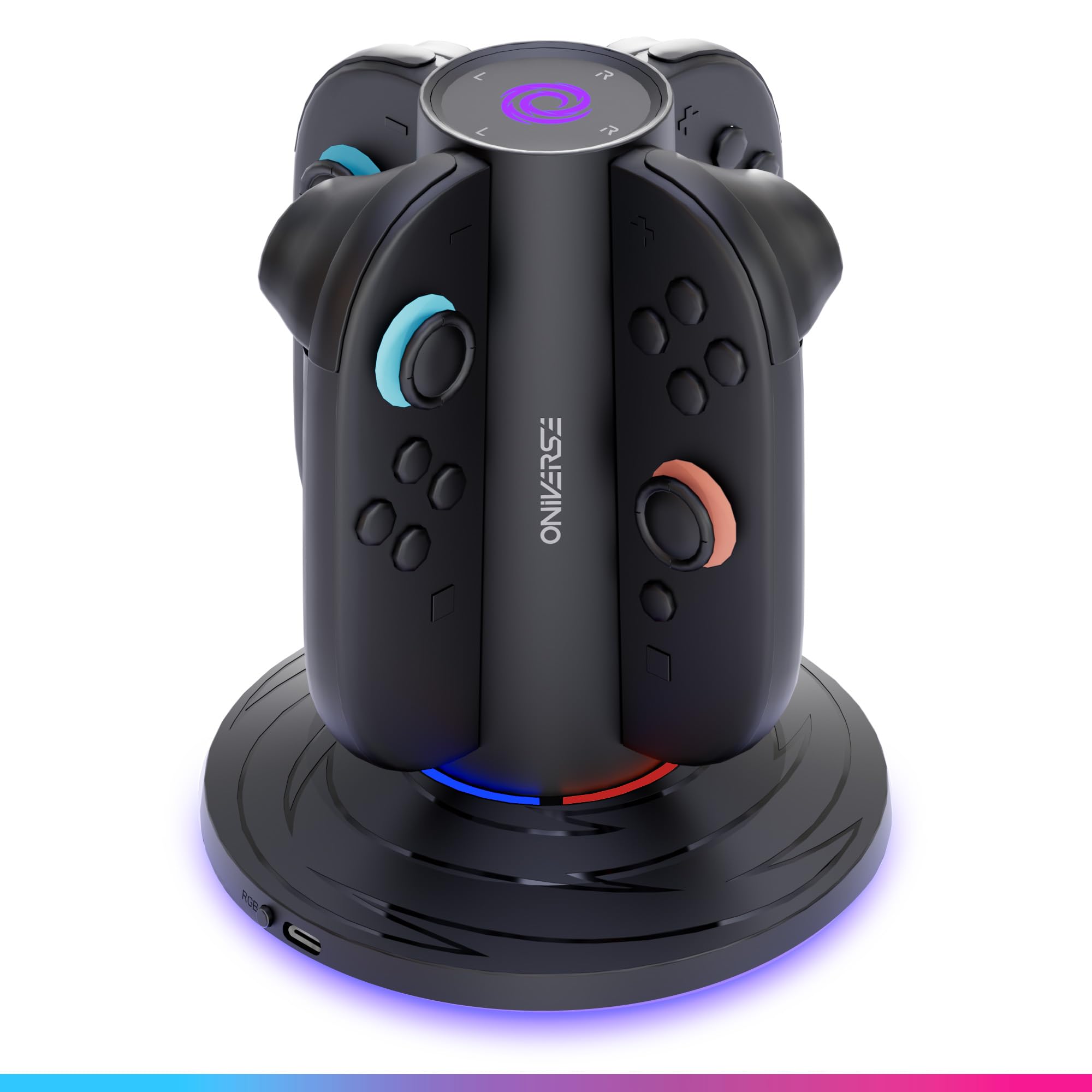 Oniverse Joy-Con Ladegerät für Switch 2 - Schnelllade-Station für 4 Joy-Cons kompatibel mit Nintendo Switch 2, USB-C Stromversorgung, Rote/Blau LED-Anzeigen, Zubehör mit 10 Beleuchtungsmodi