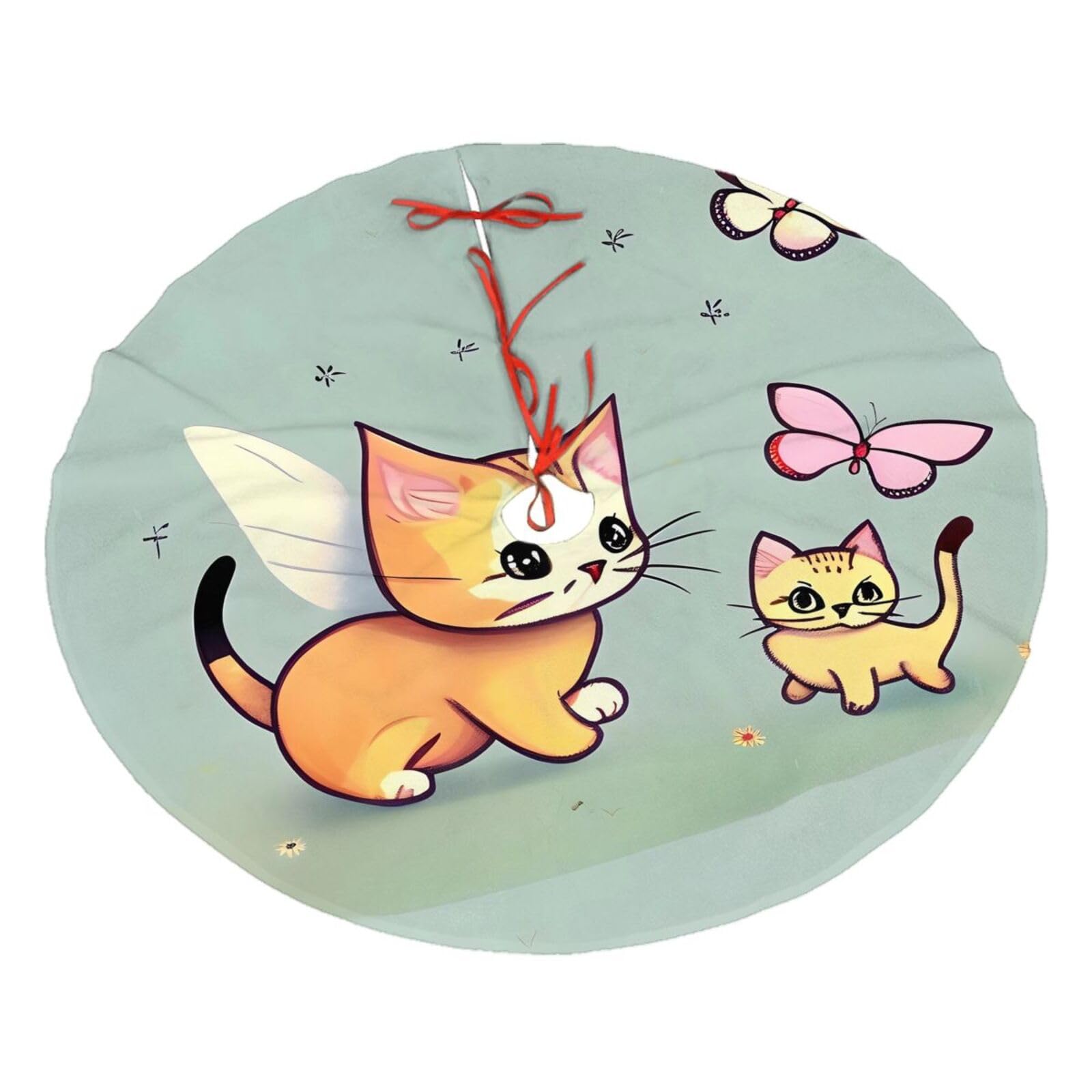 Kitten Butterfly Printed Christmas Tree Skirt Christmas Plush Tree Skirt 48 inches (About 112.2 cm) Christmas