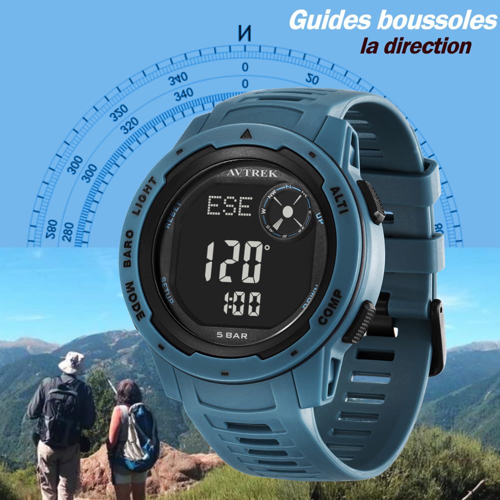 AVTREK Orologio sportivo digitale per adolescenti con altimetro e barometro, orologio da esterno, orologio sportivo impermeabile per esercito e militari (nero)