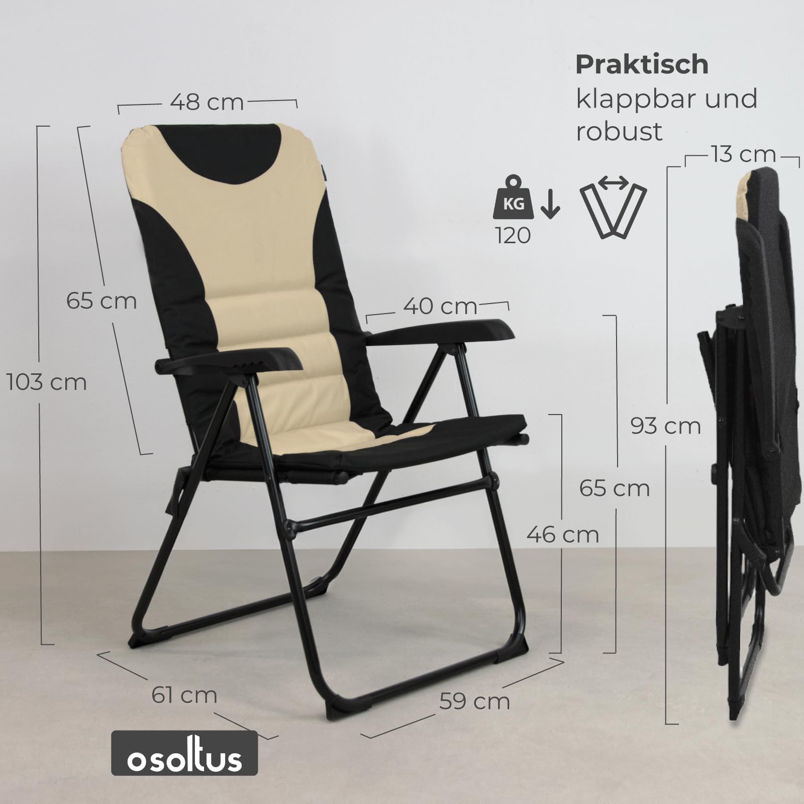 osoltus Alu Camping Klappsessel Hochlehner MPO Van schwarz/beige gepolstert