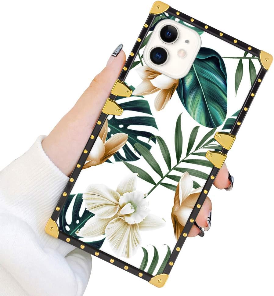 Square Case Compatible iPhone 11 2019 6.1 Inch Green Leaves with White Brown Flowers Luxury Elegant Soft TPU Shockproof Protective Metal Decoration Corner Back Cover Case iPhone 11 Case