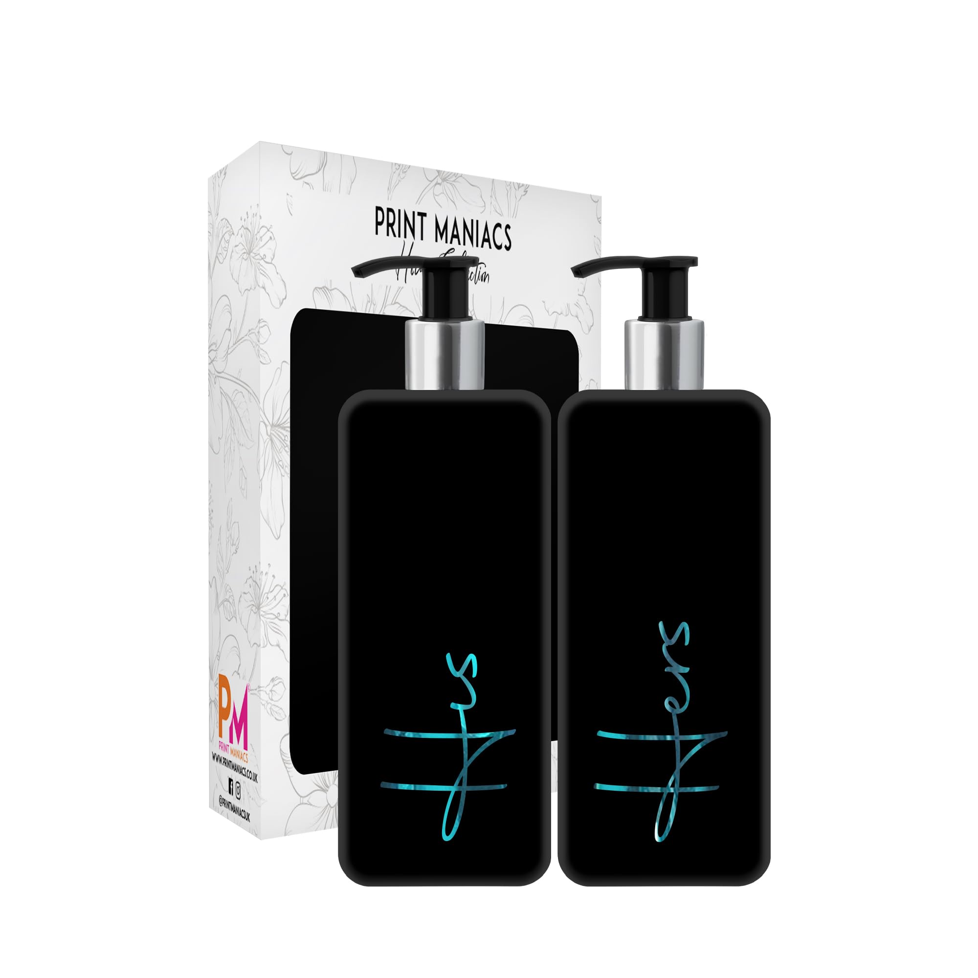 Print ManiacsMrs Hinch Inspired Signature Black 500ml Square Reusable Dispenser Bottle Silver Pump Personalised Bathroom Storage Toiletries Set F2 (Teal, His Hers) โ image 1