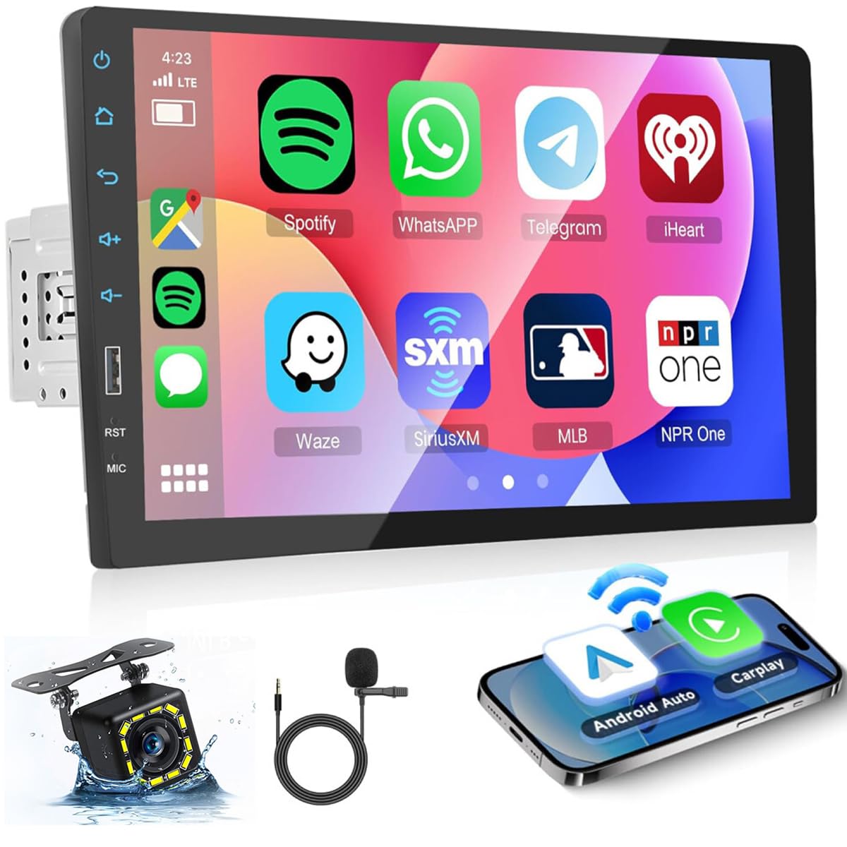 Hikity 1 DIN FM Am Radio de Coche Wireless Carplay Pantalla Táctil 9 Pulgadas Autoradio con Manos Libres Bluetooth, Android Auto, Mirror Link, Cámara de Marcha Atrás, Micrófono