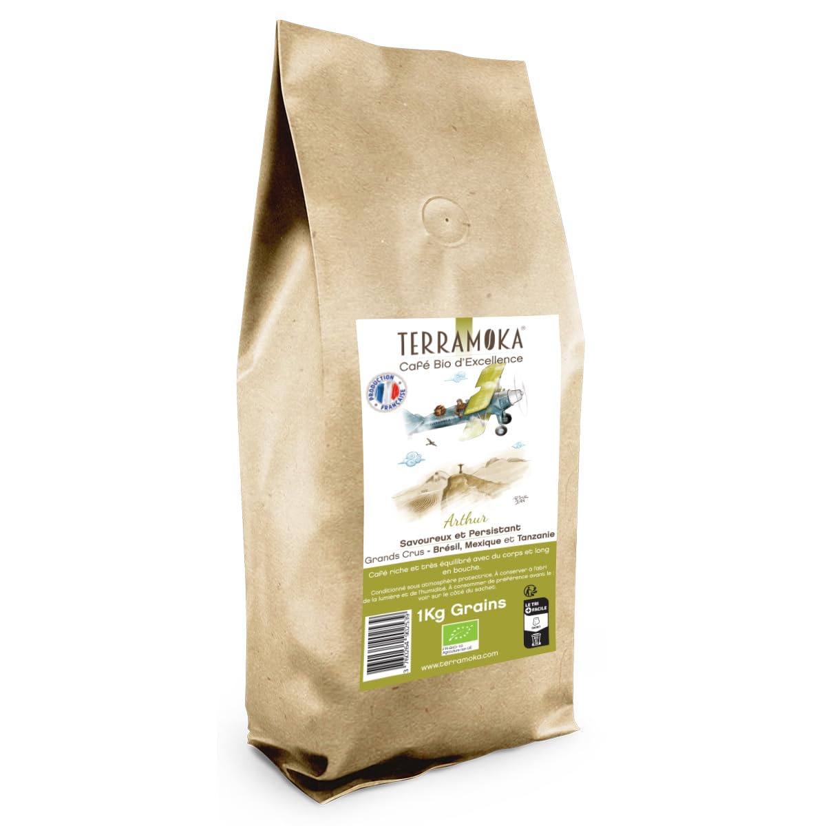 TERRAMOKA - 1 Kg Exzellenter Bio-Bohnenkaffee - 80% Reine Arabica (Mexiko, Brasilien) & 20% Robusta aus Tansania - Wohlschmeckend und anhaltend - 100% Recyclebar - Arthur - In Frankreich geröstet
