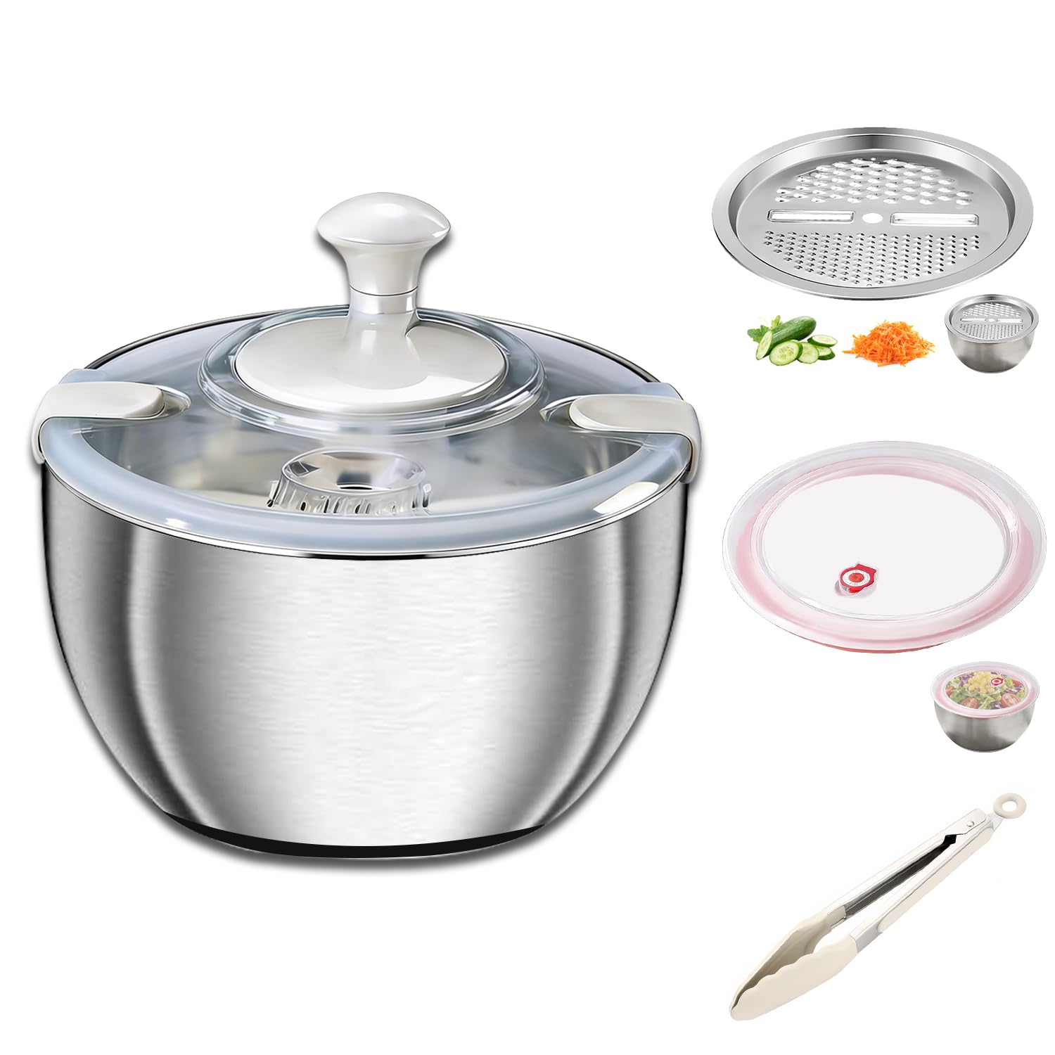 Large Salad Spinner with Storage Lid,5.29QT Stainless Steel Spin Dry Salad Greens Fruit Washing Bowl with Strainer Vegetable Cleaner washer Lettuce Spinner with slicer and julienne cutter
