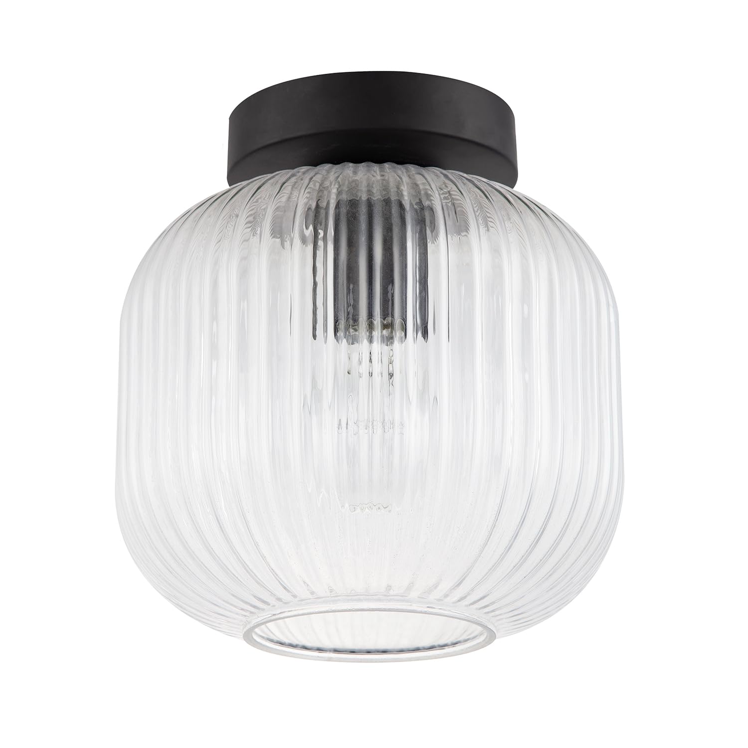 Happy Homewares Contemporary Matte Black Ceiling Light Fitting with Clear Ribbed Glass Shade | 28cm x 37cm | 1 x E27 | Class 2 Double Insulated