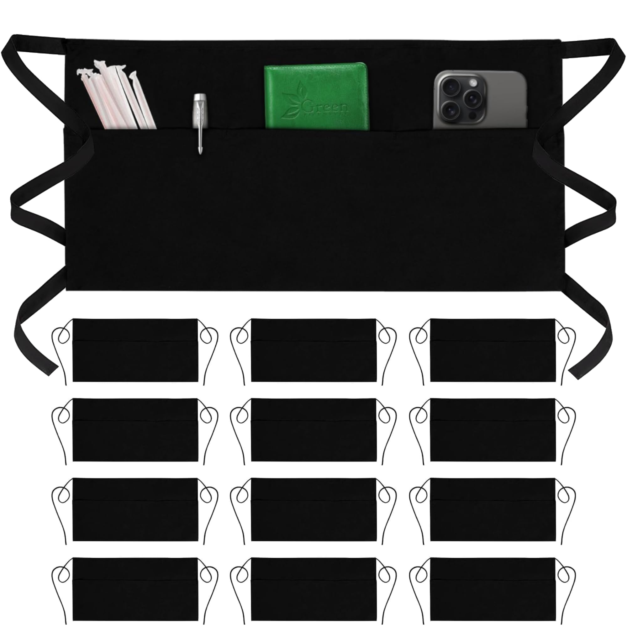 Confezione da 12 grembiuli server con 3 tasche – Grembiule da cameriera per donna e uomo, resistente all'acqua con cuciture rinforzate con cinturino a vita lunga, mezza grembiule (nero)