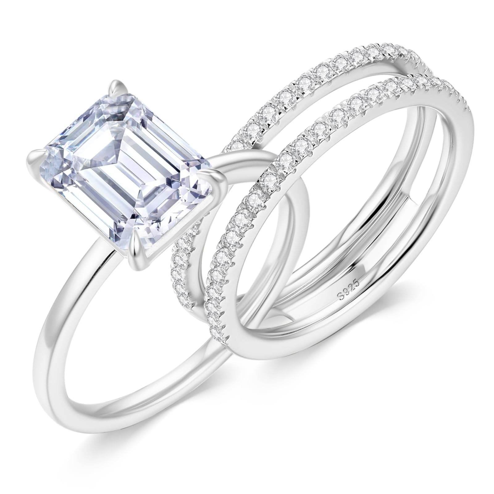3.5CT Moissanite Bridal Ring Sets for Women, Emerald Cut D Color VVS1 Clarity Wedding Ring Sets, S925 Sterling Silver with 18K White Gold Plated,
