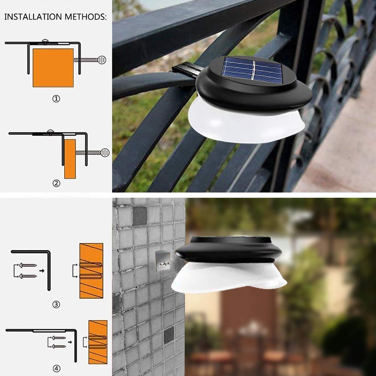 KINGCOO solarne lampy ogrodzeniowe, wodoodporne, 9 LED, solarne światła rynnowe, do ogrodu, na patio, krajobraz, taras, hol, oświetlenie ścieżki, czarne, białe, 4 sztuki