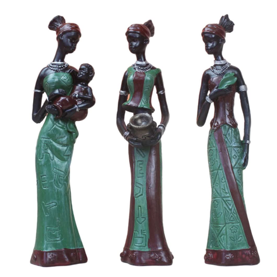 Lcarege 3Pcs/Set African Tribal Women Figurines African Woman Statues Sculptures Home Decoration Exotic Decor For Home, Green