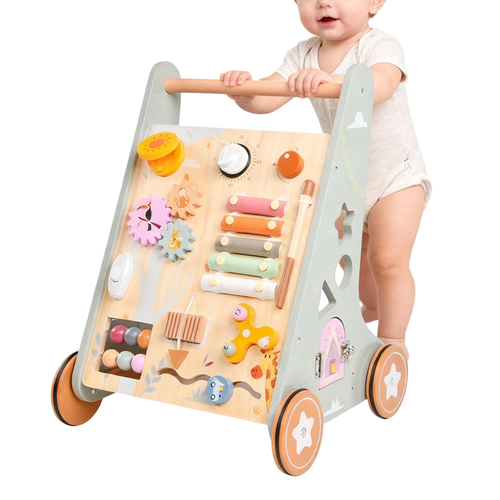 Girello In Legno Maniglia Regolabile Giocattolo Silenzioso | Girello in Legno Per Pratica e Apprendimento della Camminata per Bambini Maschio e