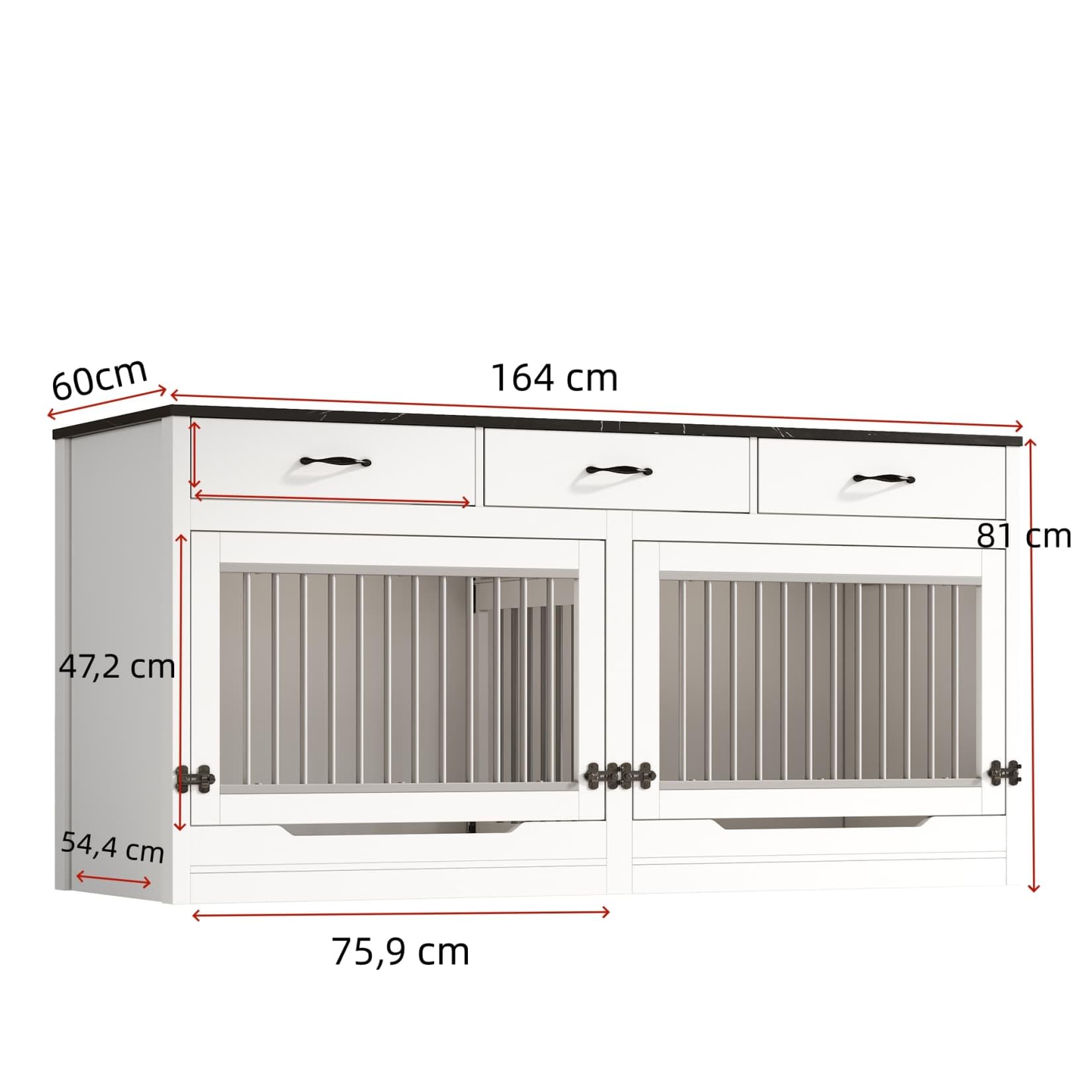 Cage pour Chien XXL 164×60×81cm,Niche/Cage Chien Interieur,Buffet avec Couvercle Supérieur à Rabat,étagère Amovible,3 Tiroirs,pour 2 Chiens (Noir Blanc)