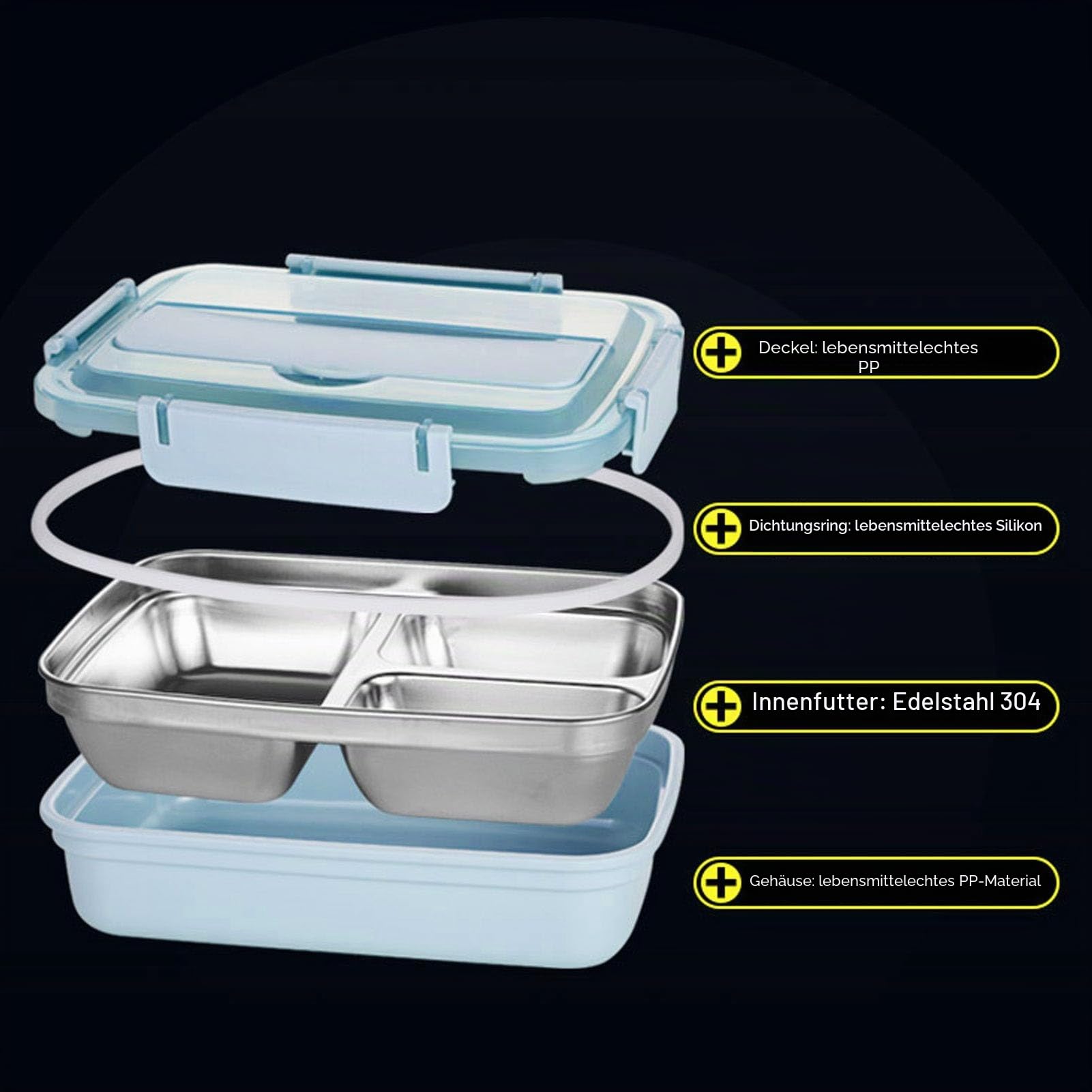 Tissting Edelstahl Lunchbox 4-Fach, 1500ml Brotdose Edelstahl Metall Bento Lunchbox Auslaufsichere Bento Box Brotzeitdose Vesperdose Brotbüchse für Studenten Erwachsene (with soup bowl: blue (spoon)