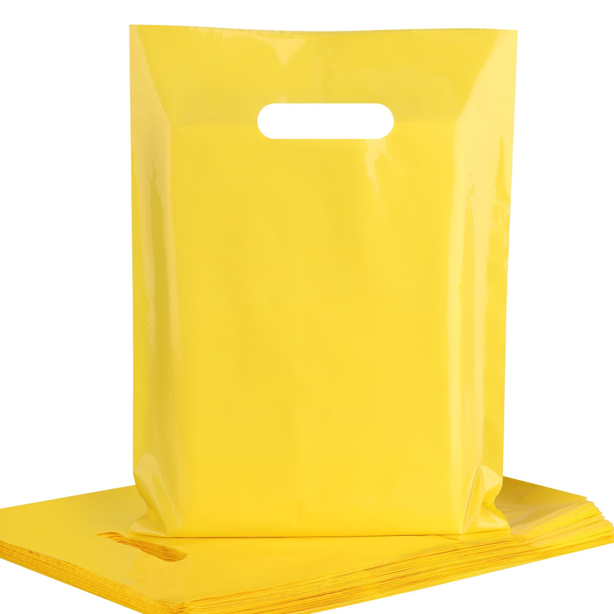 POPGIFTU Yellow Plastic Carrier Bags 100 Pack - 23x30cm Glossy Yellow Retail Merchandise Shopping Bags with Handles for Party Favors, Birthday, Boutique, Trade Shows, Small Business & Retail Store โ image 1