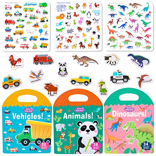 Image of Jelly Reusable Sticker Books, Portable Travel Toys Sticker Activity Book for Kids 3+ Year Old Girls Boys, Animal Dinosaur Vehicle Car